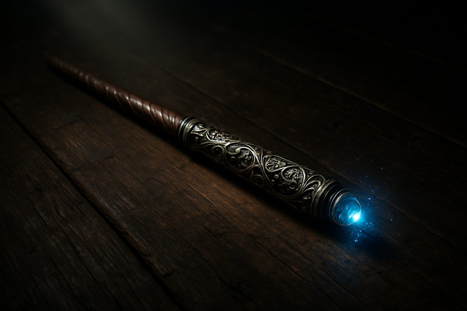 Zdobiona różdżka magiczna na ciemnym drewnie